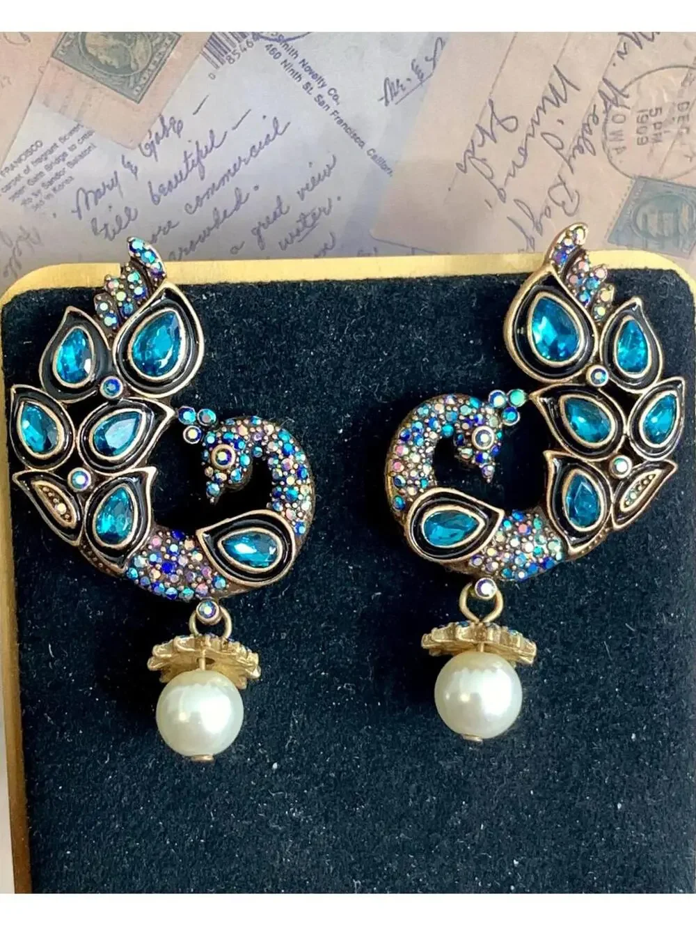 Aurora Borealis Rhinestone Peacock Bird Earrings Teal Teardrop Pearl Dangle